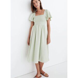 Madewell Linen-Blend Lucie Smocked Midi Dress Sage Green XL